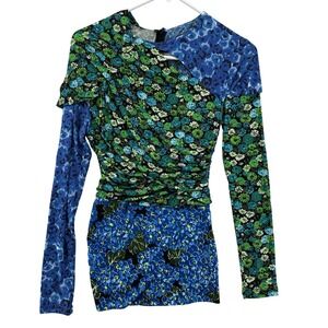 Zara Top Womens Small Patchwork Floral Long Sleeve Asymmetric Ruched NWT